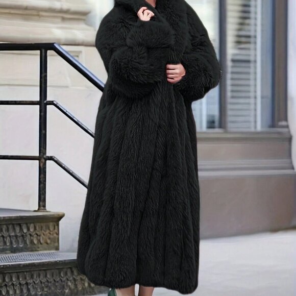 Black elegant luxe Women's plush  Faux Fur long Jacket Coat - Picture 4 of 7